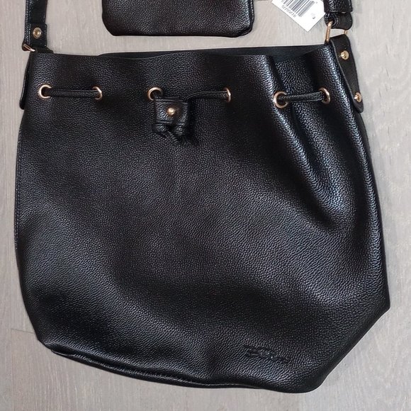 Bella Russo Black Pebbled Faux/Vegan Leather Drawstring Bucket Bag-NWT - Picture 1 of 2